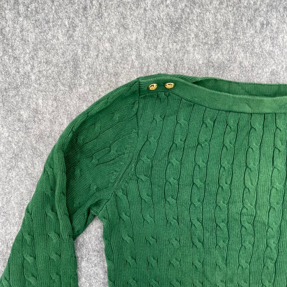 Lauren Ralph Lauren Sweater Extra Large Green Cable Knit Neck Gold Button LRL - Picture 6 of 16